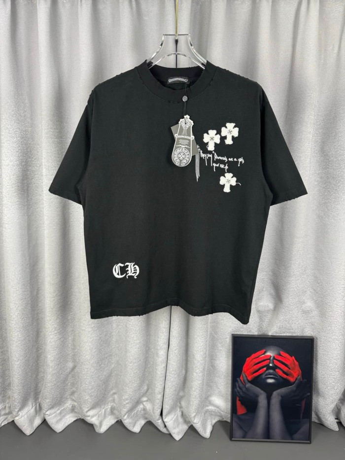 1:1 quality version Distressed Cross Applique Embroidered Crew Neck T-Shirt 2 colors 29092043