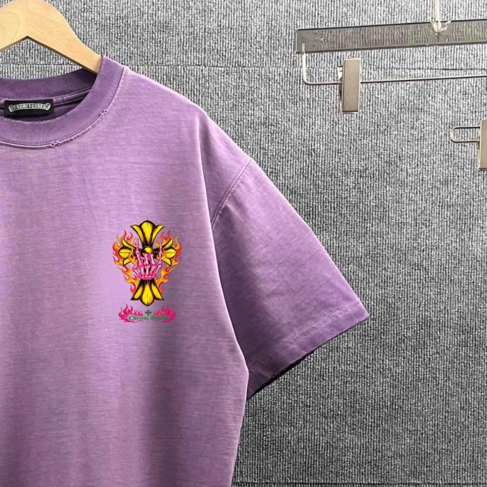 1:1 quality version Flame & Skeleton Hand Cross Print Washed Purple T-Shirt 29098172