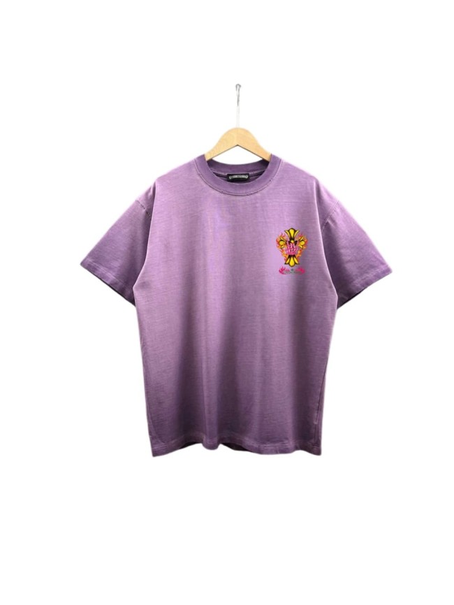 1:1 quality version Flame & Skeleton Hand Cross Print Washed Purple T-Shirt 29098172