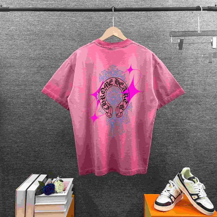 1:1 quality version Neon Pink & Blue Horseshoe Cross Print Washed Pink T-Shirt 29098117