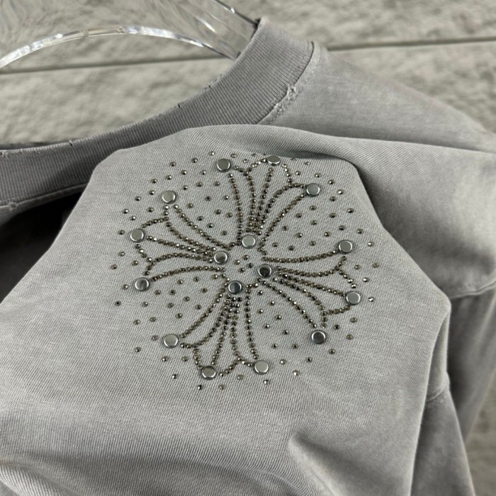 1:1 quality version Crystal Horseshoe & Cross Logo Washed Black Distressed T-Shirt 2 colors 29098022