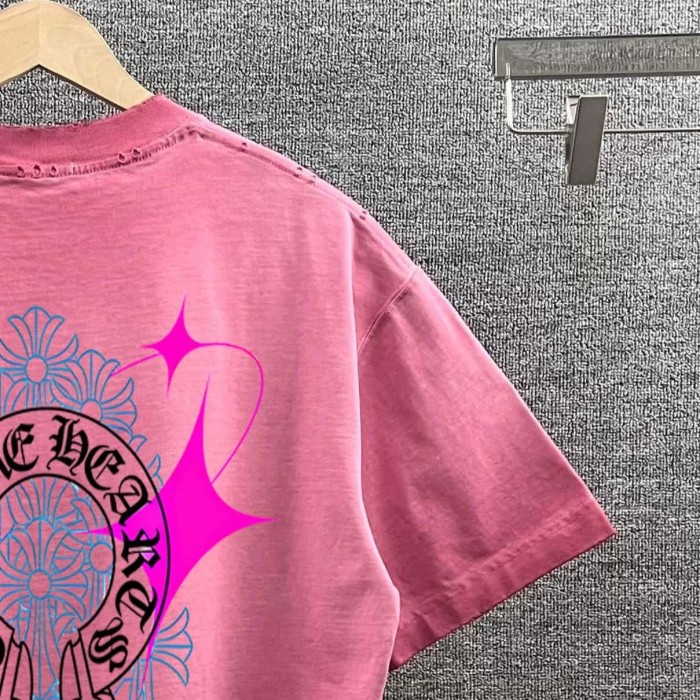 1:1 quality version Neon Pink & Blue Horseshoe Cross Print Washed Pink T-Shirt 29098117