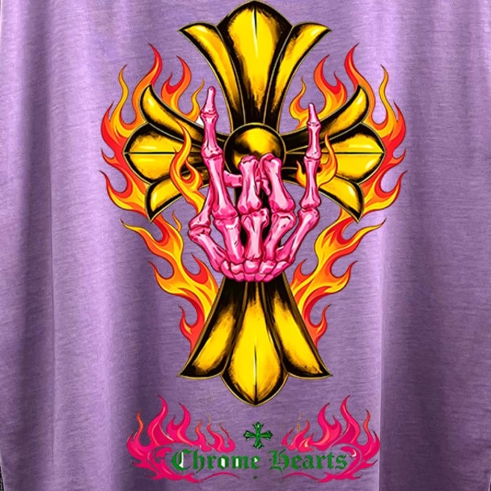 1:1 quality version Flame & Skeleton Hand Cross Print Washed Purple T-Shirt 29098172
