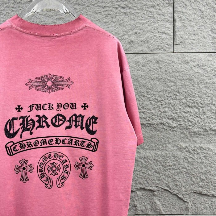 1:1 quality version Distressed Neckline Gothic Letter & Cross Print Vintage Pink T-Shirt 29098031