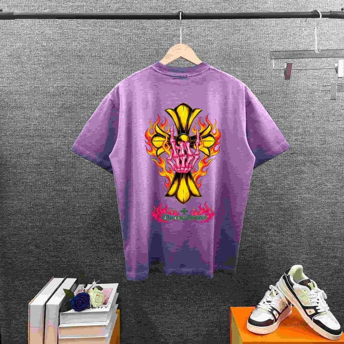 1:1 quality version Flame & Skeleton Hand Cross Print Washed Purple T-Shirt 29098172