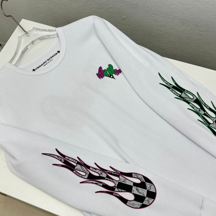 1:1 quality version Graffiti Heart Logo & Sleeve Checkered Flames Waffle Knit Long Sleeve T-Shirt 29105286