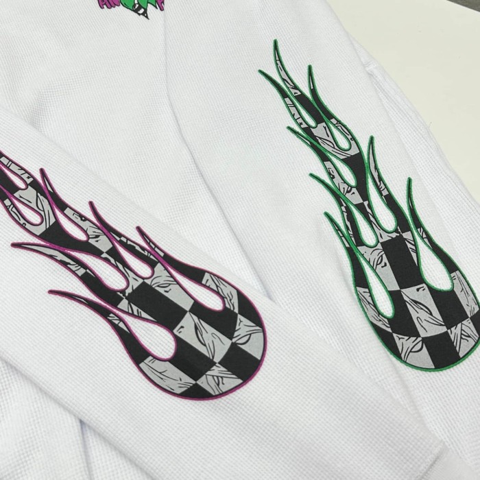 1:1 quality version Graffiti Heart Logo & Sleeve Checkered Flames Waffle Knit Long Sleeve T-Shirt 29105286