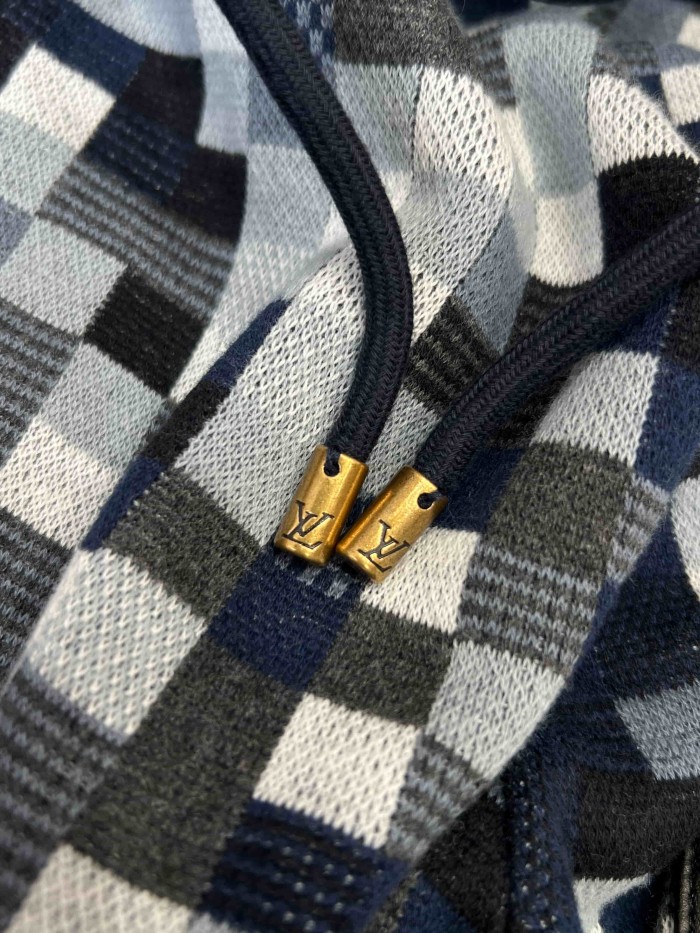 1:1 quality version Blue Grey Black Gradient Pixel Plaid With Leather Patch Pocket Knitted Drawstring Shorts 29107812