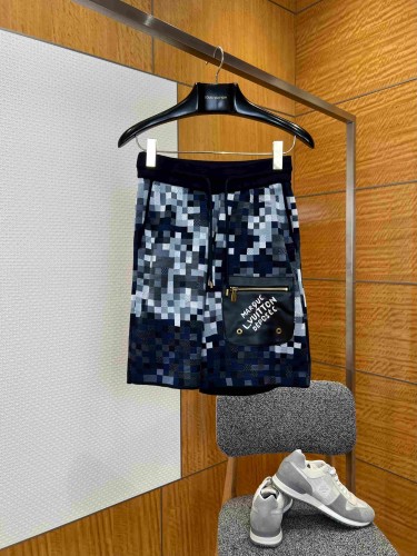 1:1 quality version Blue Grey Black Gradient Pixel Plaid With Leather Patch Pocket Knitted Drawstring Shorts 29107812