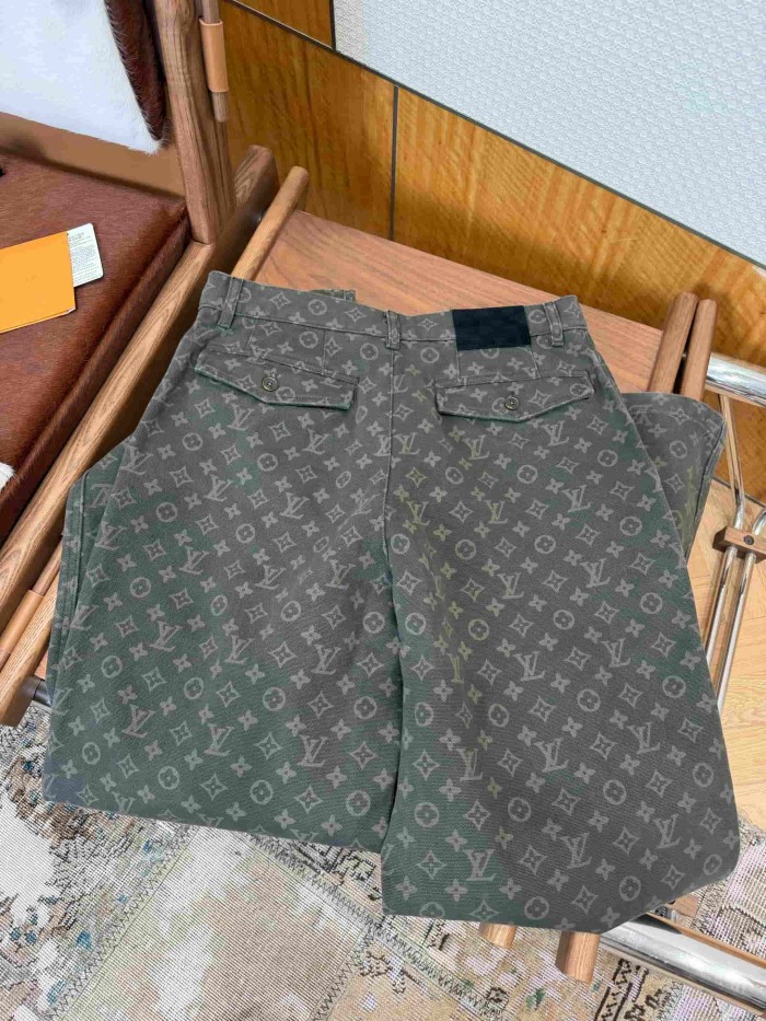 1:1 quality version Cotton Linen Blend Canvas Monogram Allover Print Cargo Wide Leg Casual Pants 29114778