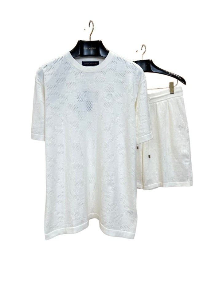 1:1 quality version Checkered Hollow Knit Casual Short Sleeve Top & Shorts Set 29114384