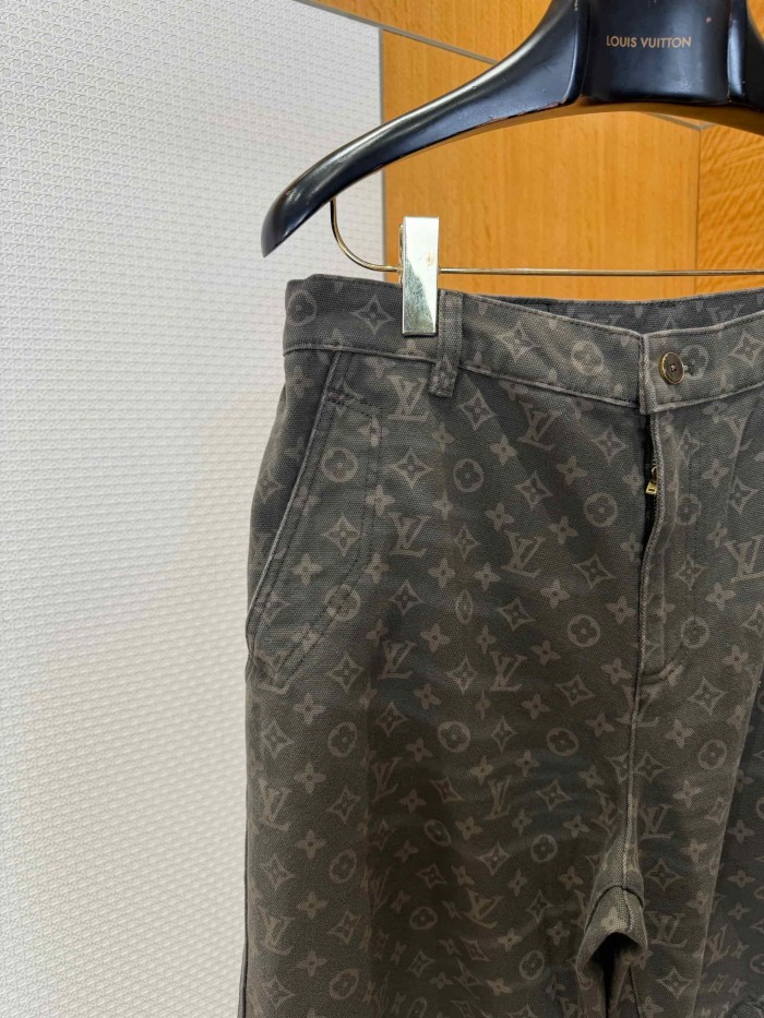 1:1 quality version Cotton Linen Blend Canvas Monogram Allover Print Cargo Wide Leg Casual Pants 29114778