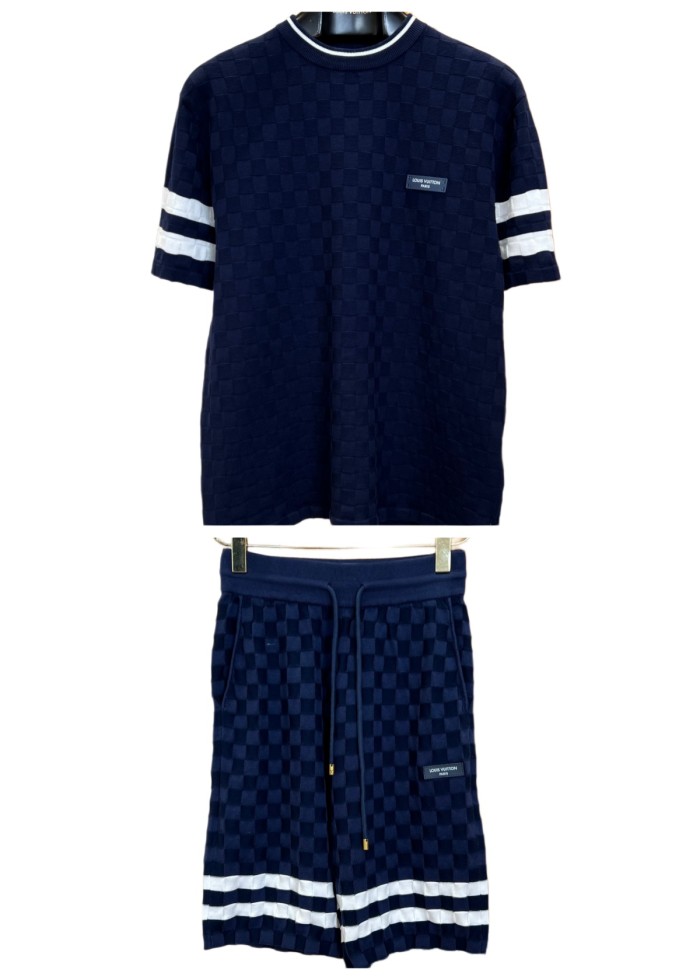 1:1 quality version Checkered Jacquard Knit Crew Neck Short Sleeve Top & Shorts Set 2 colors 29114365