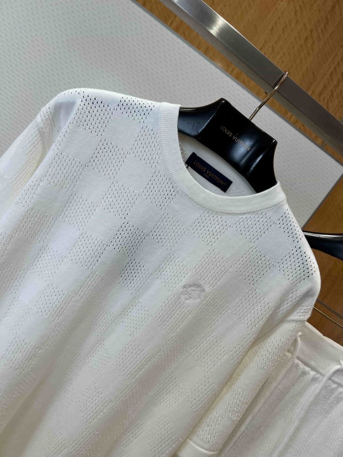 1:1 quality version Checkered Hollow Knit Casual Short Sleeve Top & Shorts Set 29114384