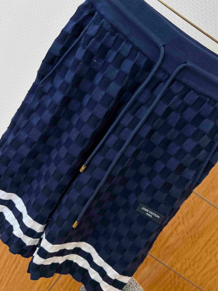 1:1 quality version Checkered Jacquard Knit Crew Neck Short Sleeve Top & Shorts Set 2 colors 29114365