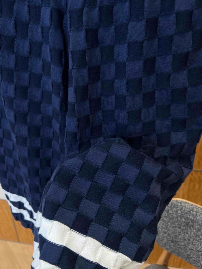1:1 quality version Checkered Jacquard Knit Crew Neck Short Sleeve Top & Shorts Set 2 colors 29114365