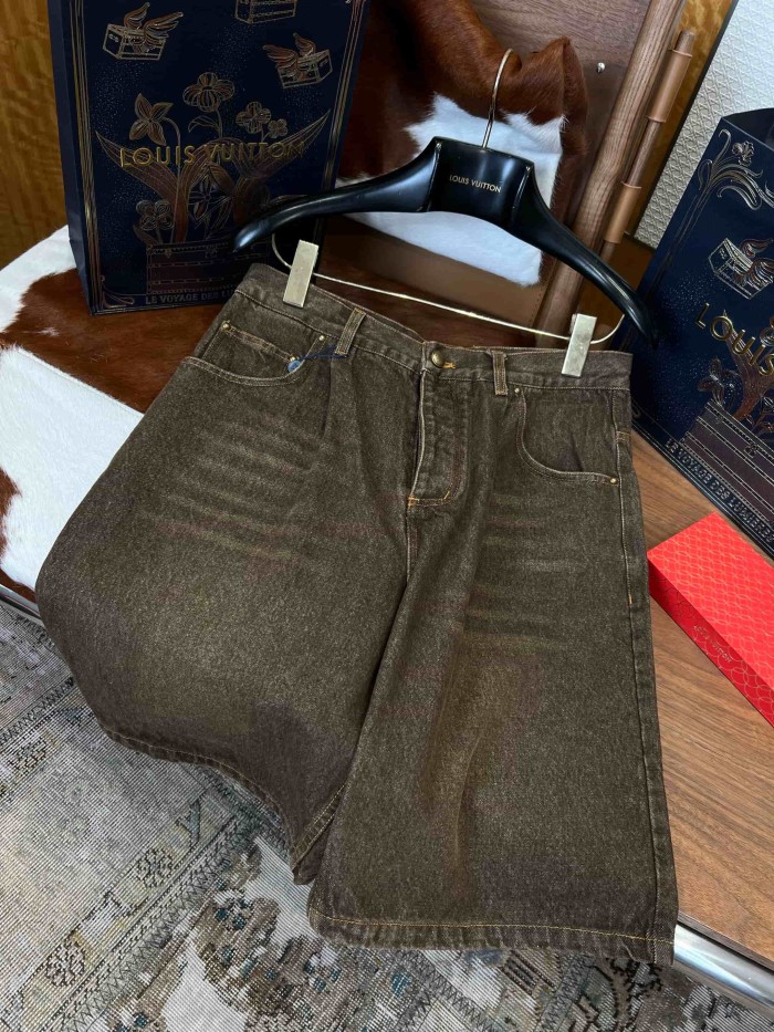 1:1 quality version Leather Patch Vintage Washed Denim Shorts 29114556