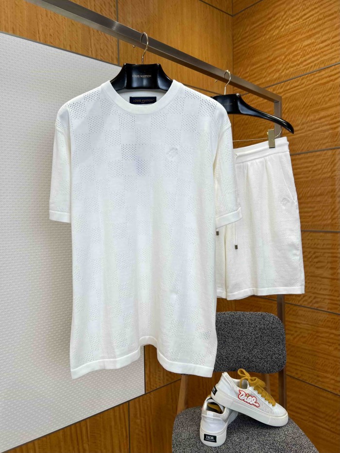 1:1 quality version Checkered Hollow Knit Casual Short Sleeve Top & Shorts Set 29114384