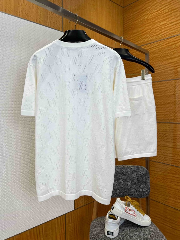 1:1 quality version Checkered Hollow Knit Casual Short Sleeve Top & Shorts Set 29114384
