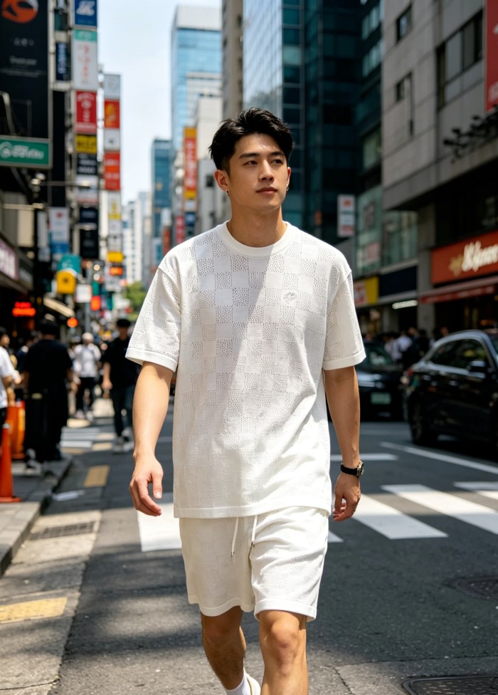 1:1 quality version Checkered Hollow Knit Casual Short Sleeve Top & Shorts Set 29114384
