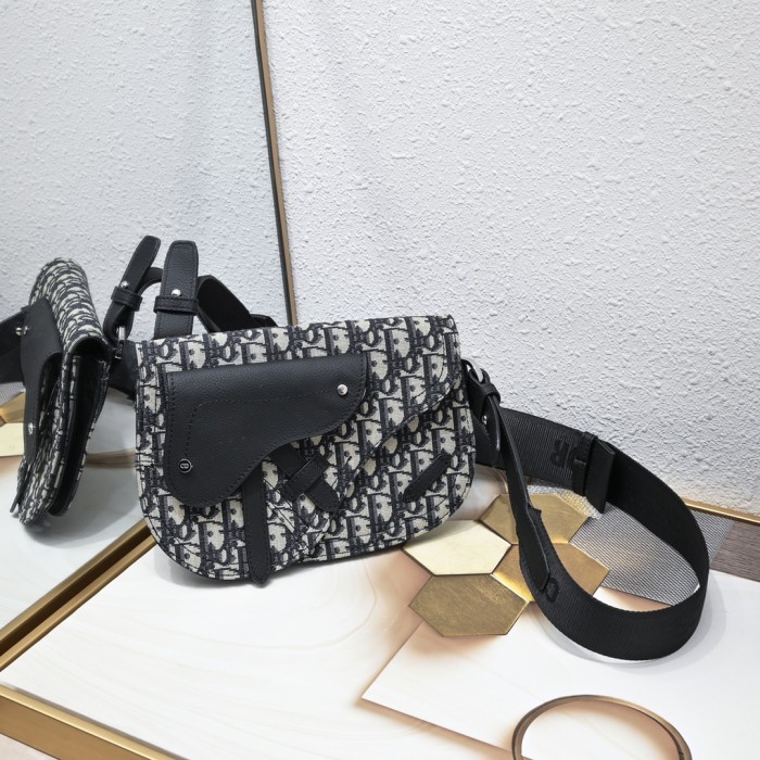 Jacquard Canvas & Black Full Grain Calfskin Leather Saddle Shoulder Bag 2 colors 29116572
