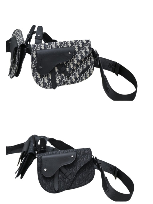 Jacquard Canvas & Black Full Grain Calfskin Leather Saddle Shoulder Bag 2 colors 29116572
