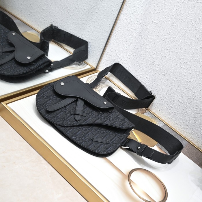 Jacquard Canvas & Black Full Grain Calfskin Leather Saddle Shoulder Bag 2 colors 29116572