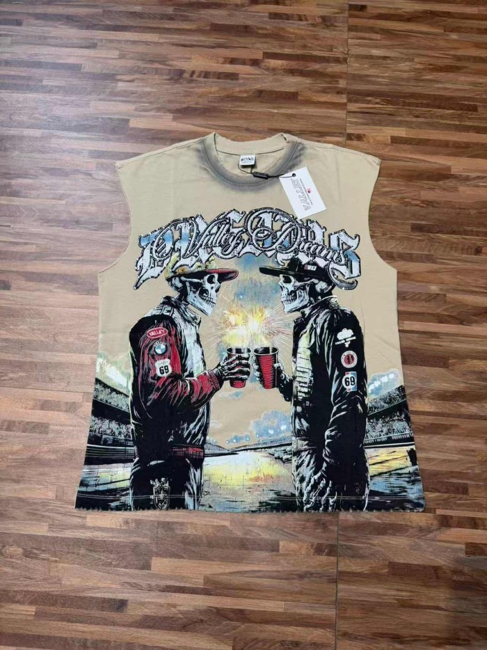 Skeleton Cowboy Toast Rhinestone Print Washed Vest 2 colors 29119187