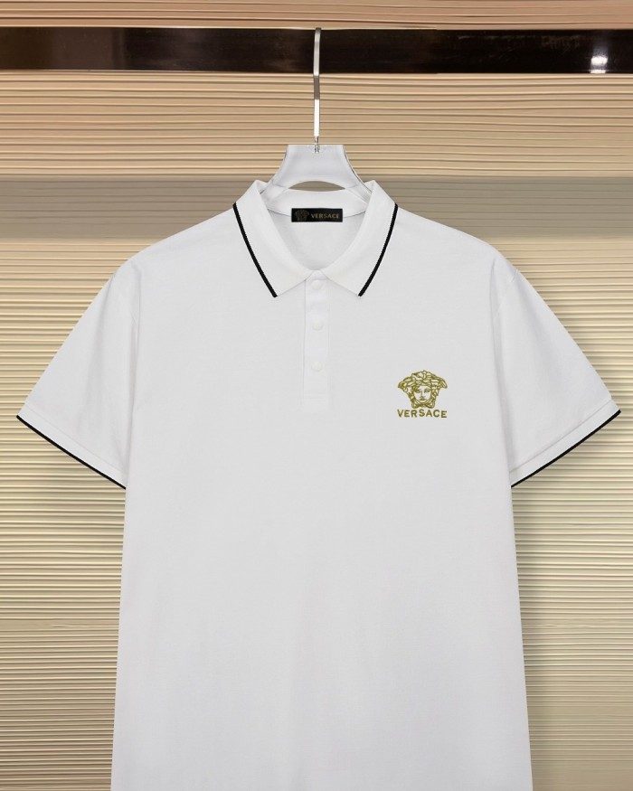 Business Luxury Slim Fit Contrast Piping Collar Tiny Golden Medusa Embroidery Men's Polo Shirt 3 colors 29119789