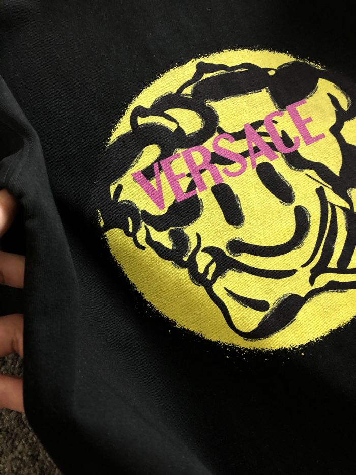 Street Graffiti Style Contrast Yellow Circle Smiley Medusa Pink Letter Print T-shirt 2 colors 29119683