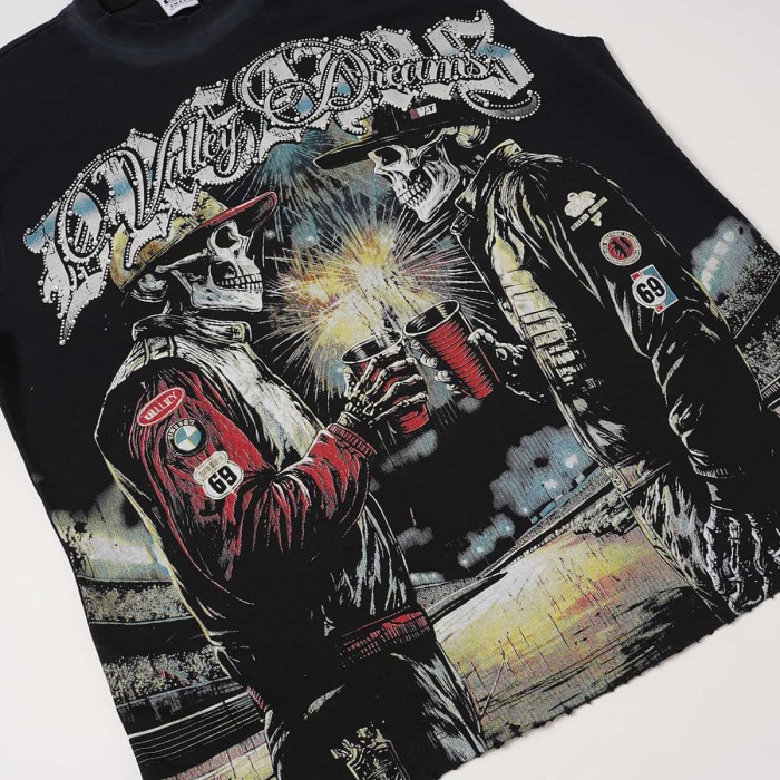Skeleton Cowboy Toast Rhinestone Print Washed Vest 2 colors 29119187