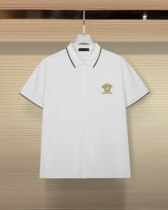 Business Luxury Slim Fit Contrast Piping Collar Tiny Golden Medusa Embroidery Men's Polo Shirt 3 colors 29119789