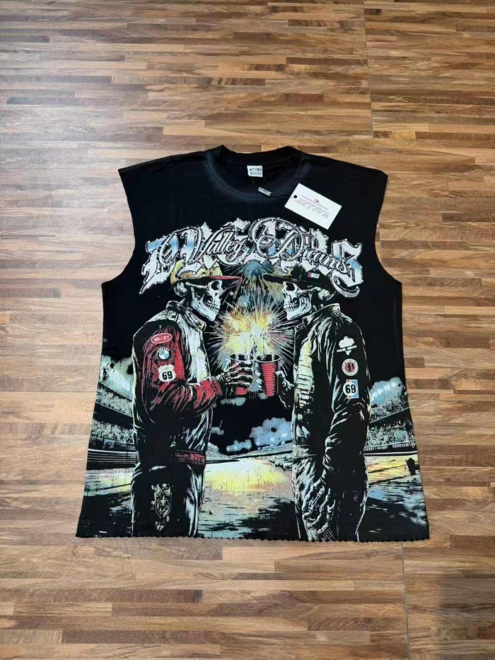 Skeleton Cowboy Toast Rhinestone Print Washed Vest 2 colors 29119187