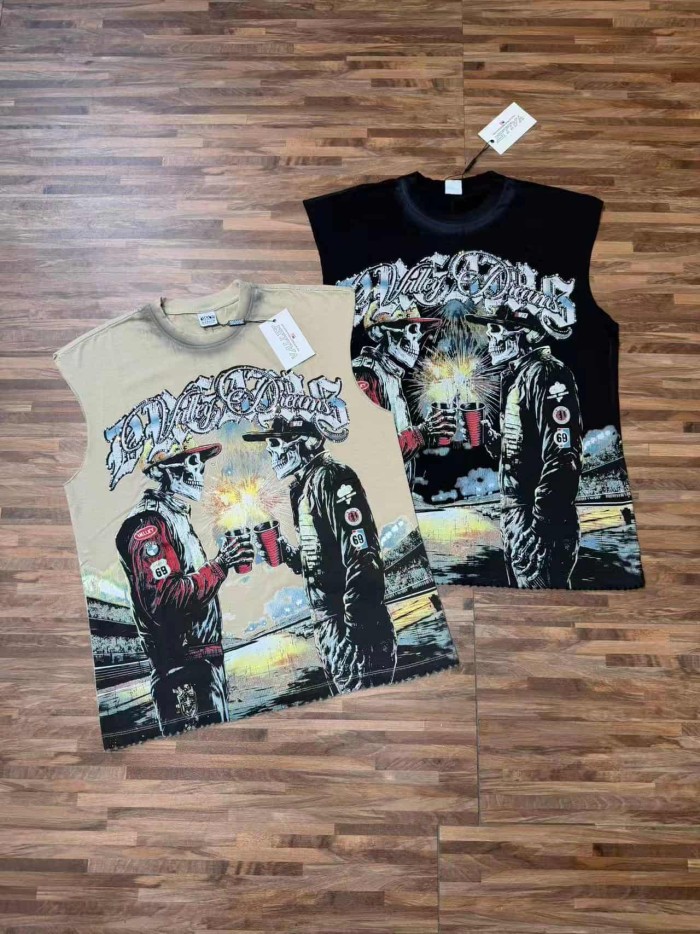 Skeleton Cowboy Toast Rhinestone Print Washed Vest 2 colors 29119187