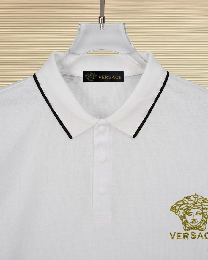 Business Luxury Slim Fit Contrast Piping Collar Tiny Golden Medusa Embroidery Men's Polo Shirt 3 colors 29119789