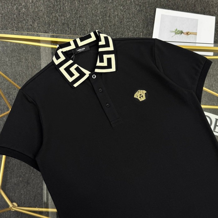 Luxury Slim Fit Greca Jacquard Collar Medusa Embroidered Polo Shirt 29119334