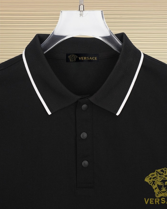 Business Luxury Slim Fit Contrast Piping Collar Tiny Golden Medusa Embroidery Men's Polo Shirt 3 colors 29119789