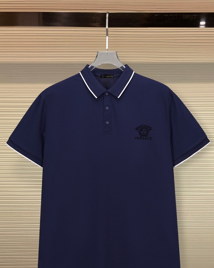 Business Luxury Slim Fit Contrast Piping Collar Tiny Golden Medusa Embroidery Men's Polo Shirt 3 colors 29119789