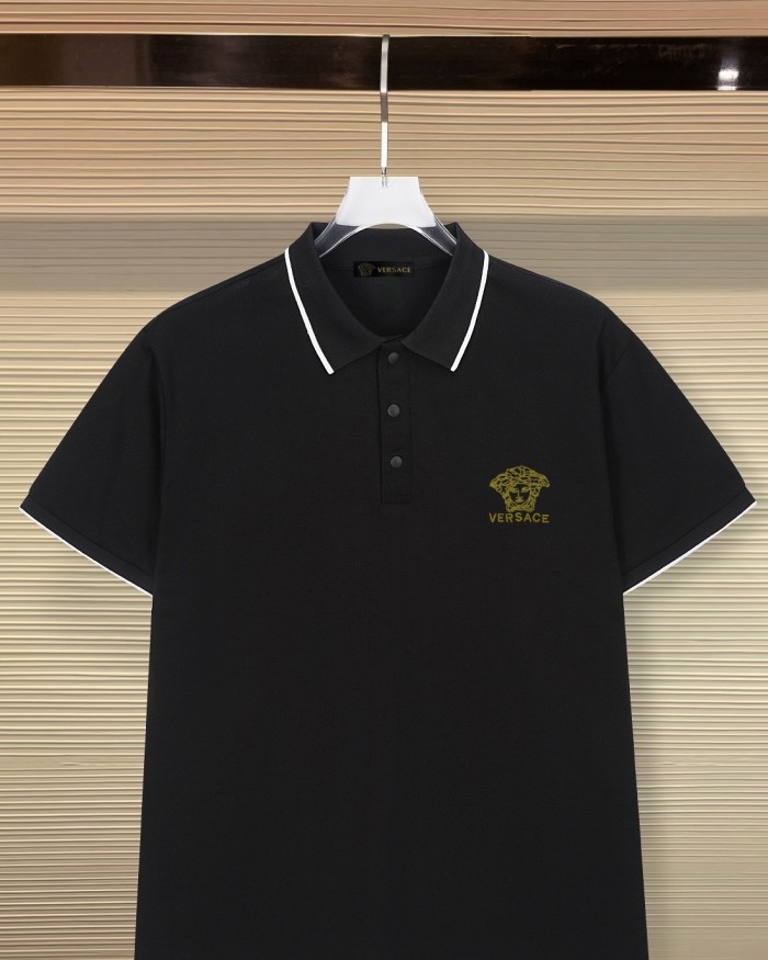 Business Luxury Slim Fit Contrast Piping Collar Tiny Golden Medusa Embroidery Men's Polo Shirt 3 colors 29119789