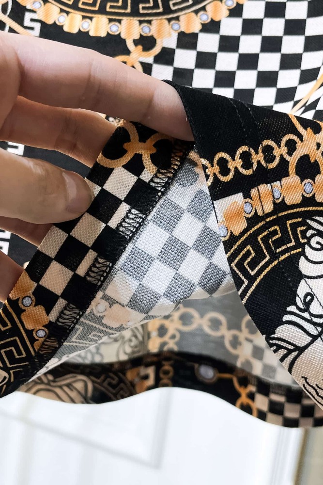 1:1 quality version Black White Checkerboard Gold Chain Greca Circle Medusa All Over Print Polo Shirt 29143769