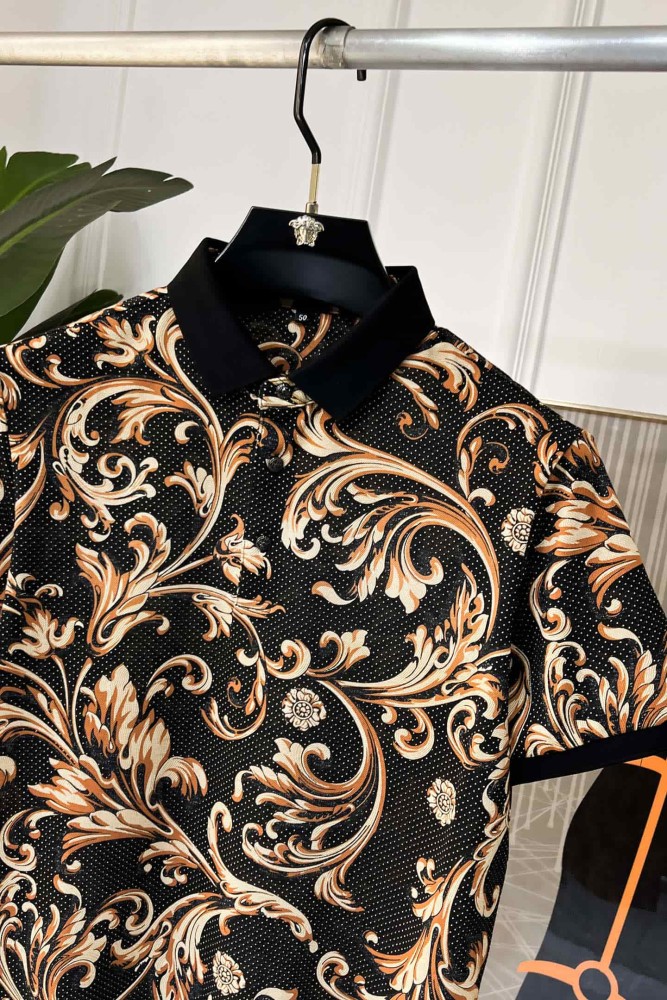 1:1 quality version Luxury Business Style Tiny Dot Background Golden Baroque Scroll Floral All Over Print Polo Shirt 29143798