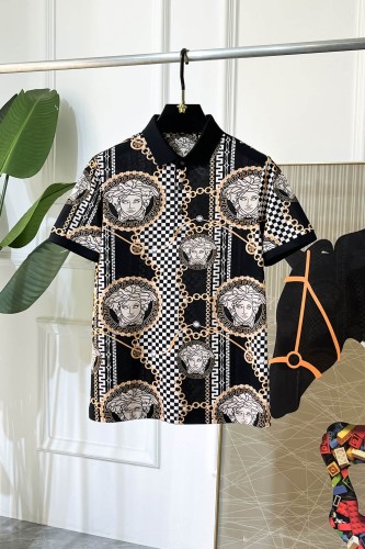 1:1 quality version Black White Checkerboard Gold Chain Greca Circle Medusa All Over Print Polo Shirt 29143769