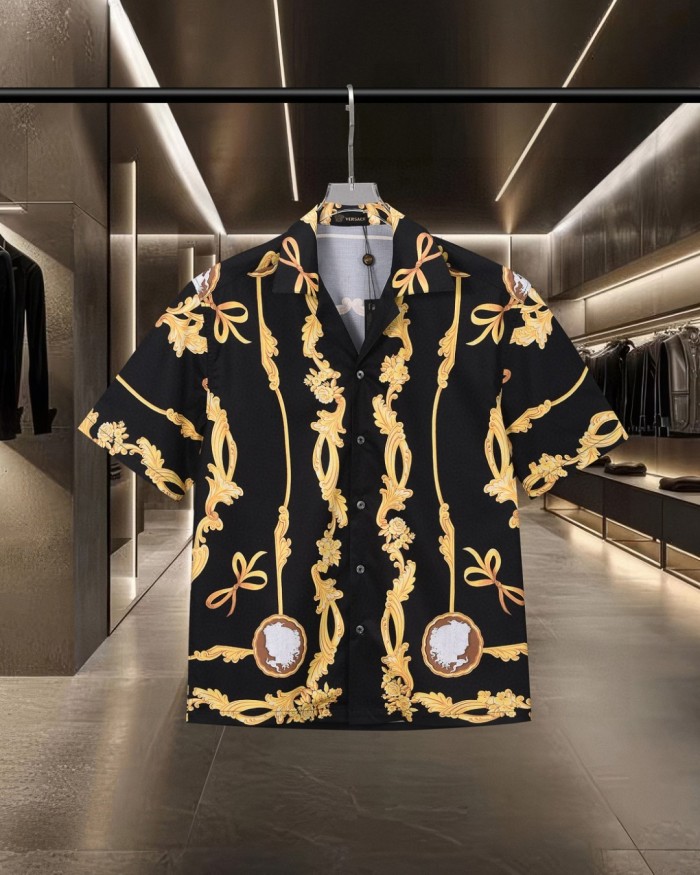 All Over Golden Scroll Bowknot Cameo Medusa Print Cuban Collar Vacation Shirt 2 colors 29139991