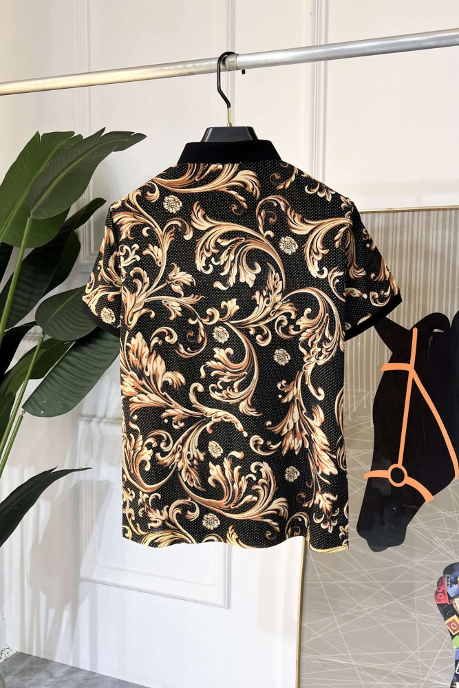 1:1 quality version Luxury Business Style Tiny Dot Background Golden Baroque Scroll Floral All Over Print Polo Shirt 29143798