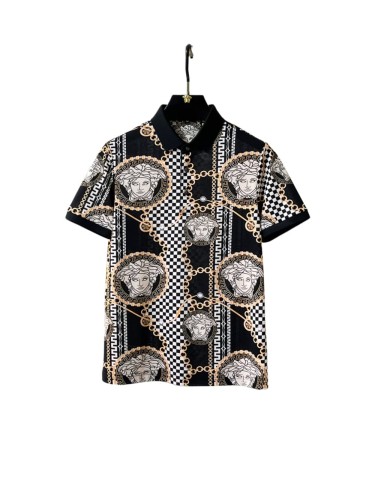 1:1 quality version Black White Checkerboard Gold Chain Greca Circle Medusa All Over Print Polo Shirt 29143769
