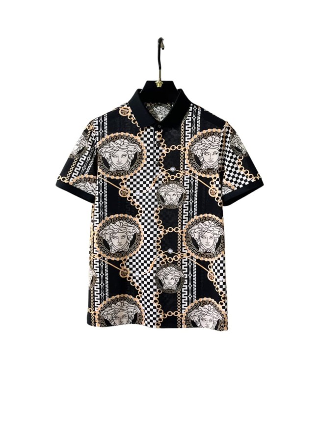1:1 quality version Black White Checkerboard Gold Chain Greca Circle Medusa All Over Print Polo Shirt 29143769