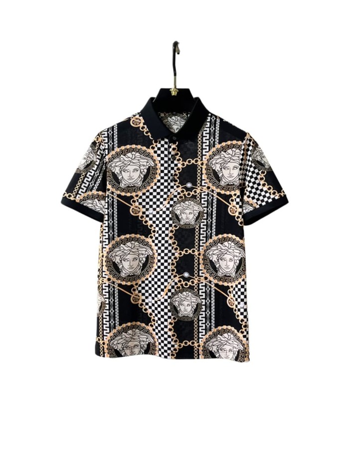1:1 quality version Black White Checkerboard Gold Chain Greca Circle Medusa All Over Print Polo Shirt 29143769