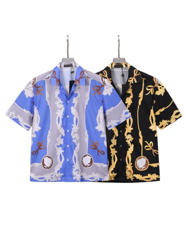 All Over Golden Scroll Bowknot Cameo Medusa Print Cuban Collar Vacation Shirt 2 colors 29139991