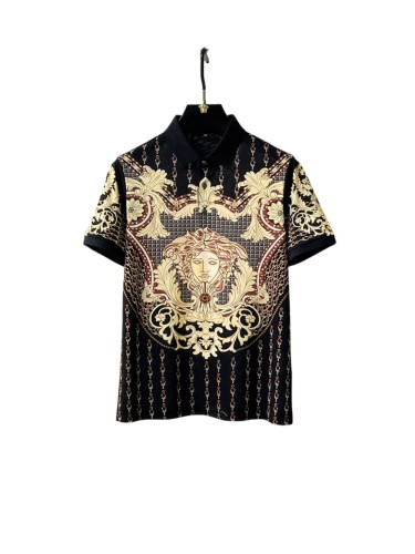 1:1 quality version  Chain Scroll Floral Central Medusa Full Print Black Lapel Men's Polo Shirt 29143767