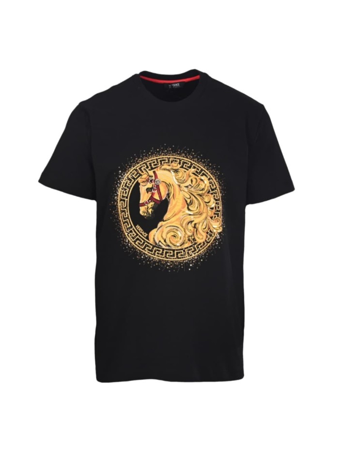 Luxury Equestrian Style Golden Horse Portrait Greca Circle Rhinestone Sparkle Print T-shirt 29140041
